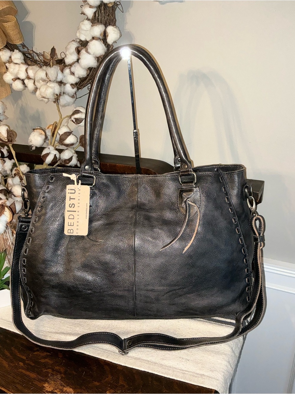 NWT Bed Stu Leather Rockaway Shoulder Bag Crossbody Tote Black Rustic MSRP $345